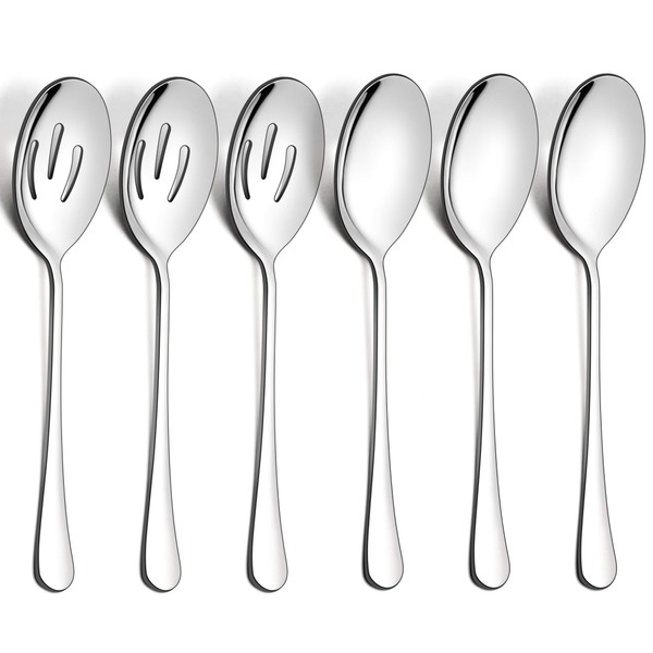 LIANYU 6 Pack Serving Spoons Set, 3 Large Serving Spoons, 3 Slotted Serving Spoons, Stainless Steel Buffet Dinner Restaurant Serving Spoons Set, Catering Serving Utensils for Party Banquet, 9.8 Inch