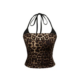 SOLY HUX Women's Plus Size Leopard Print Halter Top Tie Back Vintage Fitted Crop Camisole Y2k Festival Outfit Brown Leopard XX-Large Plus
