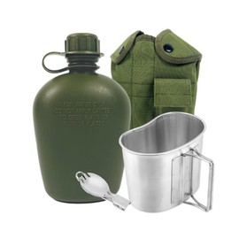 BeGrit Feldflaschenbecher Tragbar 1L Militär Überleben Trinkflasche Camping Wasserflasche mit Aluminium Draussen Feldflasche Stofftasche Grün Löffel für Sportwanderungen Camping Reisen Picknick