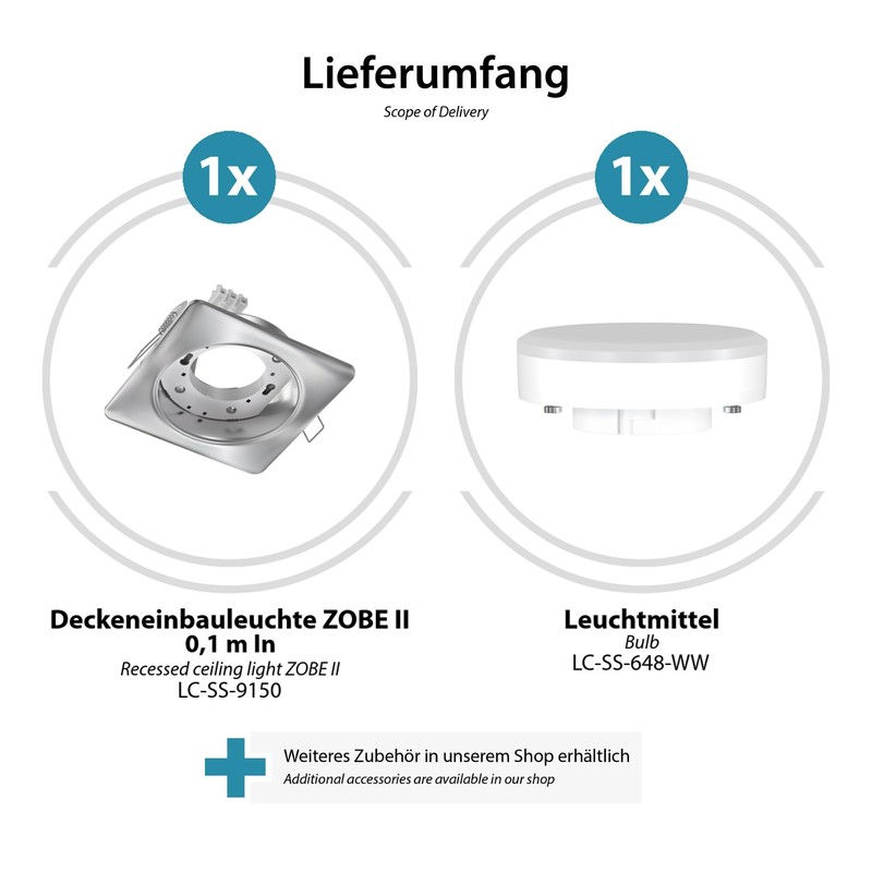 ledscom.de ZOBE II recessed ceiling light, stainless steel, square, 11