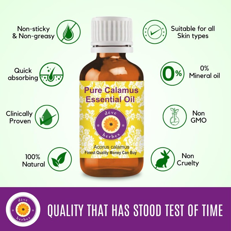 Deve Herbes Pure Calamus Essential Oil (Acorus Calamus) Steam Distilled