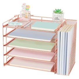 AUPSEN Rose Gold Desk Accessories Organizer,5-Tier Desktop Paper File Organizer with Adjustable File Holder, Office Desk Accessories for Office Supplies