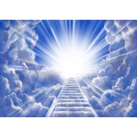 Loccor 8x6ft Fabric Stairway to Heaven Backdrop Paradise Stairs Holy Light Clouds Photography Background Christian Activity Decor Church Photo Booth Props Memorial Banner Funeral Wallpaper
