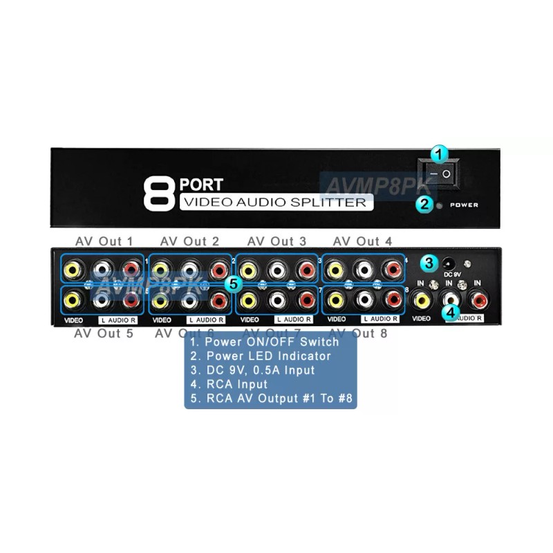 Unbranded 1 In 8 Out Composite RCA Video Audio Splitter