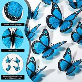 Chuangdi - 48 piezas de decoraciones de mariposa monarca 3 tamaños de mariposas falsas realistas, decoración de pared artificial para manualidades, Navidad, boda, hogar, fiesta de cumpleaños (azul