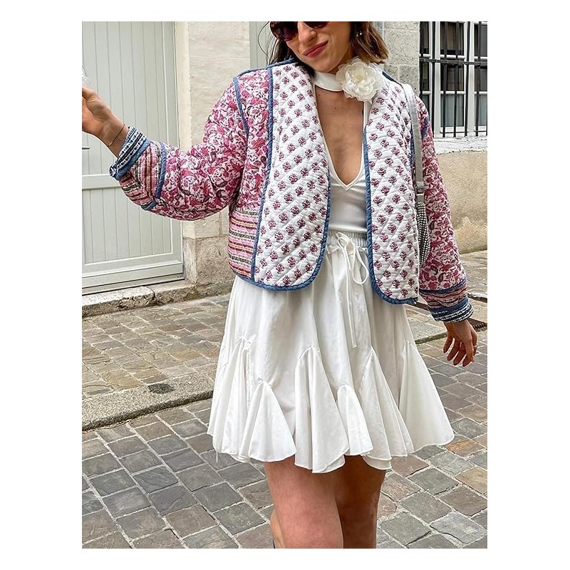 Aimiray Women's Cropped Floral Puffer Jacket Cardigan Printed Lightweight Open