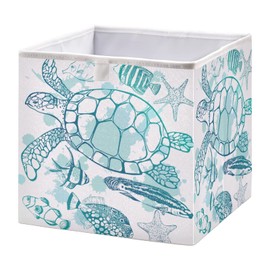 Blueangle Sea Turtle Starfish Cube Storage Bin, 11 x 11 x 11 in, Large Collapsible Organizer Storage Basket for Home Décor