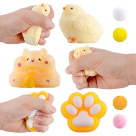 3PCS Yellow Series Chicken Squishy Cat Paw Squishy Handmade Taba Squishy Hamster Pinch Family Squeeze Toys Sensory Fidget Toys Cute Squishies for Stress Relief Silicone Squishy for Party and Birthday