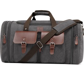 Densata Canvas Duffle Bag for Men 50L Travel Duffel Bags Expandable Genuine Leather Duffel Overnight Weekender Carry On Bag Two Zipper Pockets Travel Bag (Grey, Large-50L)