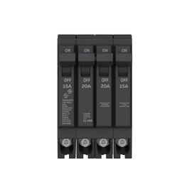 ABB Q-Line® THQLQ152015 Quad Circuit Breaker • 15A/1P, 20A/2P, & 15A/1P Configuration • 120/240 VAC, 10 kAIC • Thermal Magnetic Trip • Space-Saving Plug-in Mount Type