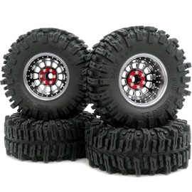 HOBBYSOUL 2.2 Beadlock wheels and tires 124mm Tall, RC 2.2 Mud Slingers Tires & Adjustable Offset 2.2 Wheels Rims Silver Black For RC Mud Crawler Trail Gen7 Everest 10 Axial Capra Wraith,(4-Pack)
