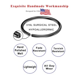 Black Small Hoop Earrings for Cartilage Nose, Thin 10mm Black Piercing Hoop Ring 20 Gauge Nose Rings Hoop 20G Helix Daith Piercing Rings Conch Jewelry 2 Pieces Ear Lobe Earrings