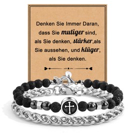 FANCIBAND Kreuz Armband Herren Perlenarmband Edelstahl Naturstein Armband Christliche Geschenke Konfirmation Kommunion Ostern Geburtstag Geschenke für Mann Sohn Enkel Neffe Bruder (Schwarz-B)