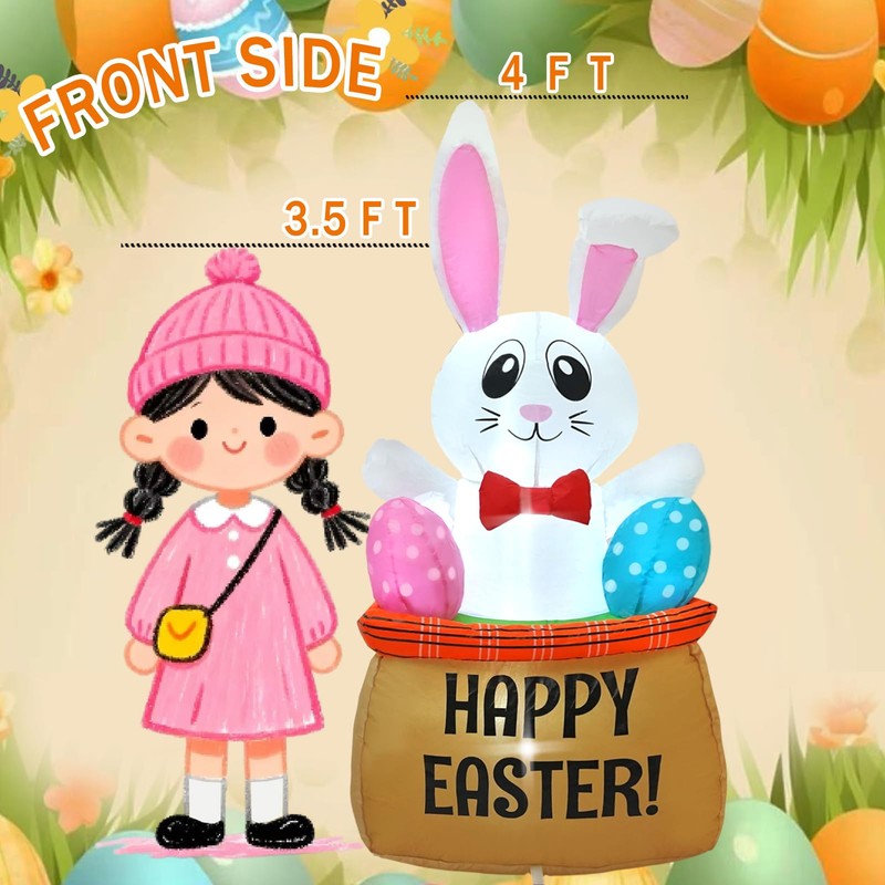 HZGDEJTG4FT Egg Basket Bunny Easter Inflatable Outdoor Decoration, with Built-in