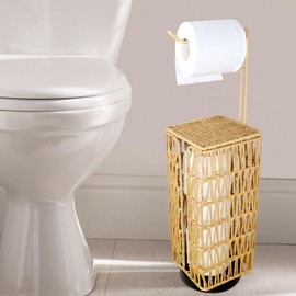 Oranwell Free Standing Toilet Paper Holder Stand with Shelf, Bathroom Floor Toilet Tissue Holder Stand Handwoven Bath Pedestal Square Toilet Paper Roll Holder Storage Organizer Basket Rack Dispenser