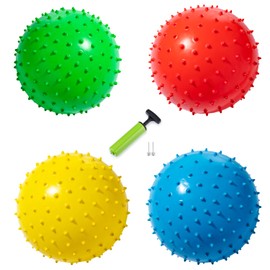New Bounce Knobby Balls Set for Kids – Set of 4 Bumpy 8.5" Sensory Inflatable Balls with Pump – Textured Toys for Toddlers, Therapy, Outdoor Play, Party Favors & Dog Toys