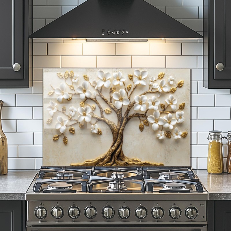 Evgosm Tempered Glass Backsplash for Kitchen, Flowers Stove Splashback, Glass