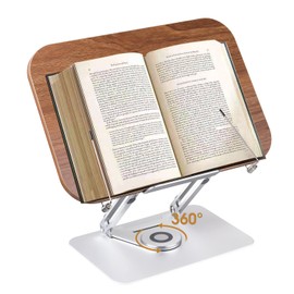 Honagu Book Stand for Reading, Adjustable Book Holder with 360 Degree Rotating Base & Page Clips, Foldable Desktop Cookbook Stand for Documents, Sheet Music, Magazines, Textbook, Cookbooks (Wood)