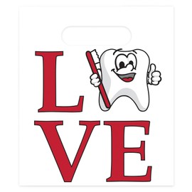 Practicon Love Tootie 7-3/4" x 9" Dental Giveaway Bag, Dental Hygiene Patient Care Goodie Bag, Dentist Office Plastic Gift Bags, 100 Pack