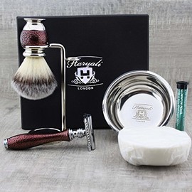 Stunning vintage look shaving set for men with synthetic badger shaving brush, DE safety razor, dual stand, shaving bowl and soap - perfect gift for any gentleman