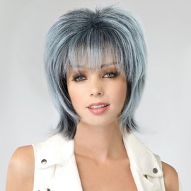 PHOCAS Short Wig for Women, Pixie Cut, Shaggy Layered, Fluffy, Grey, Mixed Black Wig, 80s Mullet Rocker Wig, Synthetic Short Hair Wig with Fringe