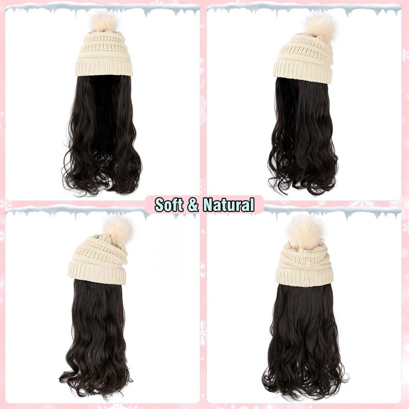 Hat Wig Beanie Hat with Hair Long Wavy Extensions Knit