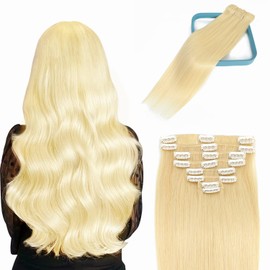 LORIEN Clip in Hair Extensions Real Human Hair 105g Clip in 100% Human Hair Extensions Straight Brazilian Remy Human Hair Bleached Blonde 8pcs Per Set with 18Clips Double Weft (20 Inch, #613 Blonde Color)