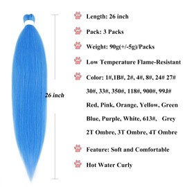 Light Blue Braiding Hair Pre Stretched Synthetic Hair Extensions for Braiding Prestretched Pre Stretched Braiding Hair Knotless Hypoallergenic Long Braiding Hair 26 inch 3 Packs