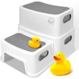 Forbena Toddler Step Stool for Bathroom Sink, 2 Step Stool for Kids Toilet Potty Training, Non-Slip Toddlers Baby Child Kid Plastic Poop Stools with Handle for Kitchen Counter Bed (White-Grey)