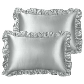 PiccoCasa Satin Pillowcases for Hair and Skin, Retro Silky Pillow Cover with Luxury Ruffle and Envelope Closure Satin Pillow Cases 2 Pack Silver Grey 50 x 75cm