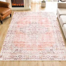 Alwoligag Washable Vintage Large Area Rug 6x9 Bedroom Living Room Non-Slip Large Rug Soft Easy to Clean Boho Style Large Rug (Pink Rug)