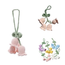 Hand Knitted Crochet Flower Decor for Mirror Flower Keychain Charms Mirror Hanging Car Accessories Cute Little Lily of The Valley, Rear View Mirrors, Car Key Crochet Flower Pendant(Pink)