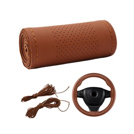 Dickno Car Steering Wheel Cover, Anti-Slip Stitch on Wrap Steering Wheel Protector for Max Diameter 15 Inch, DIY Sewing with Needle Thread, Universal Auto Accessories (Brown, Middle Hole)