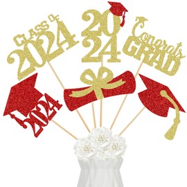 24 Pcs Graduation Centerpieces 2024 Red and Gold, Graduation Centerpieces for Tables 2024 Red and Gold Graduation Centerpiece Sticks for Graduation Party Decorations 2024 Red and Gold