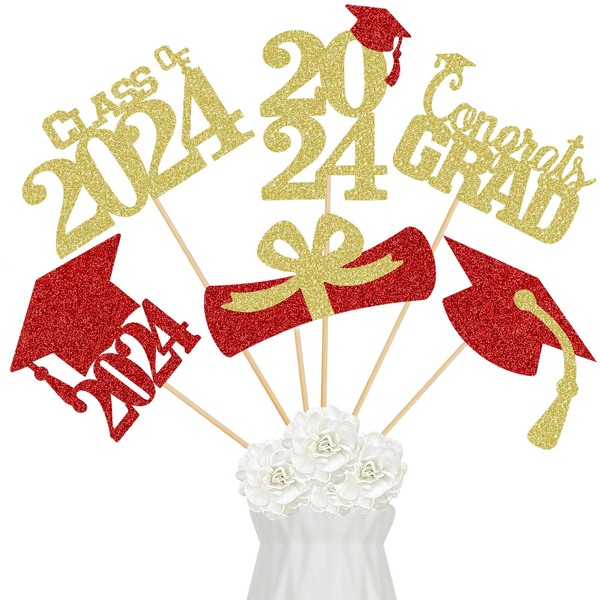 24 Pcs Graduation Centerpieces 2024 Red and Gold, Graduation Centerpieces