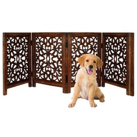 Free Standing Dog Gate – 4 Panel Foldable Wooden pet gate Indoor 72" W x 24" H, Hand-Carved Solid Wood & MDF, Portable Indoor Gate for Doorways, Halls, Stairs – Fully Assembled_Antique Brown