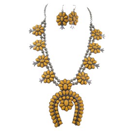 Skelapparel Southwestern Western Yellow Large Squash Blossom Statment Necklace and Earrings Set