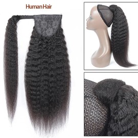Kinky Straight Ponytail Hair Hair Extensions Clip in Ponytail Real Remy Human Hair Extensions, Natural Black Wrap Around Yaki Straight Ponytail Hairpiece for Women 24 Inch (YaKi, 24")
