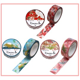 Kamiiso GR-0508 Japanese Washi Masking Tape, Kimono Beauty 3 Rolls (Crane, Origin Crane, Mt. Fuji), Set, Width 0.6 inches (15 mm) x 26.6 ft (7 m) Rolls, Japanese Pattern, Design Tape, Remake