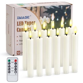 IMAGE 12 Pcs Battery Operated Taper Candles 3D Wick Ivory Taper Flameless Candles 0.78in*6.29in with 10 Keys Remote and Timer, Flickering Flameless Taper Candles Warm White for Decoration