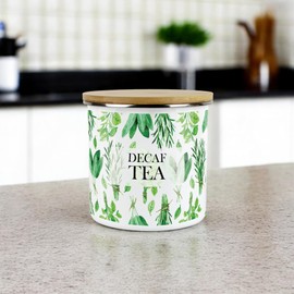 Purely Home Kitchen Herbs Decaf Tea Storage Canister - White & Green Leaf Metal Enamel Food Storage Container