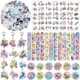 Roller Skate Party Favors for Kids - 98PCS Retro Skating Birthday Goodie Bag Set with Slap Bracelets, Tattoos, Keychains, Stickers & Pins Gifts for Girls & Boys