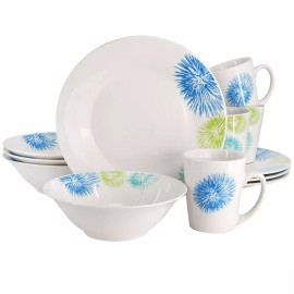 Gibson Home Blue Meadow 12 Piece Fine Ceramic Dinnerware Set in White w Colored
