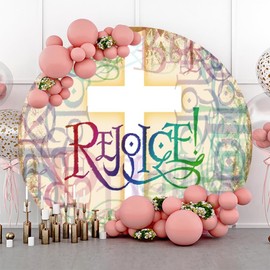 Laeacco 7.2x7.2ft Vintage Cross Rejoice Round Backdrop Jesus Christ God Bless Christian Lord Pray Crucifix Photography Background for Baby Shower Baptism Easter Church Event Party Portrait Booth Props