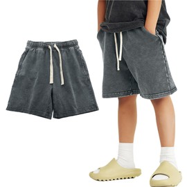 PEHMEA Boys Girls Cotton Shorts, Athletic Casual Jogger Loose Fit Kids Short with Pockets Elastic Waist Drawstring for 5-14Y(Grey-M)