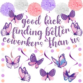 14pcs Going Away Party Decorations, Good Luck Finding Better Coworkers Than Us Banner Hanging Swirls Garland Pompoms We Will Miss You Decorations for Farewell Goodbye Party Coworker Leaving - purple