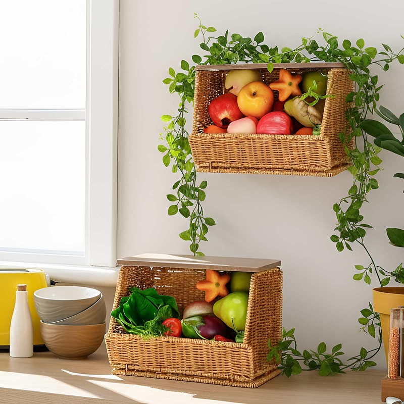 2 Tier Fruit Basket for Kitchen Counter Stackable Wall Mounted