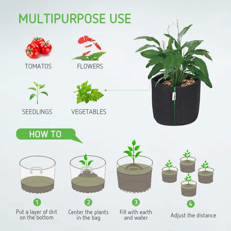 VIVOSUN 5-Pack 2 Gallon Grow Bags, Fabric Pots with Self-Adhesion