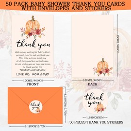 Cholemy 50 Set Pumpkin Baby Shower Thank You Cards with Envelopes Stickers Fall Pumpkin Baby Shower Party Thank You Notes Cards Return Gifts for Guests Gender Reveal Baptism Baby Shower Favor