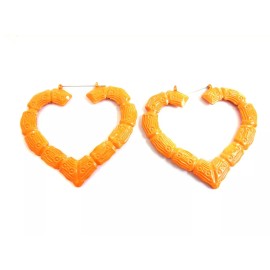 Unbranded LARGE BAMBOO HEART HOOP EARRINGS ORANGE HOOPS 3.5 INCH HOOPS RETRO